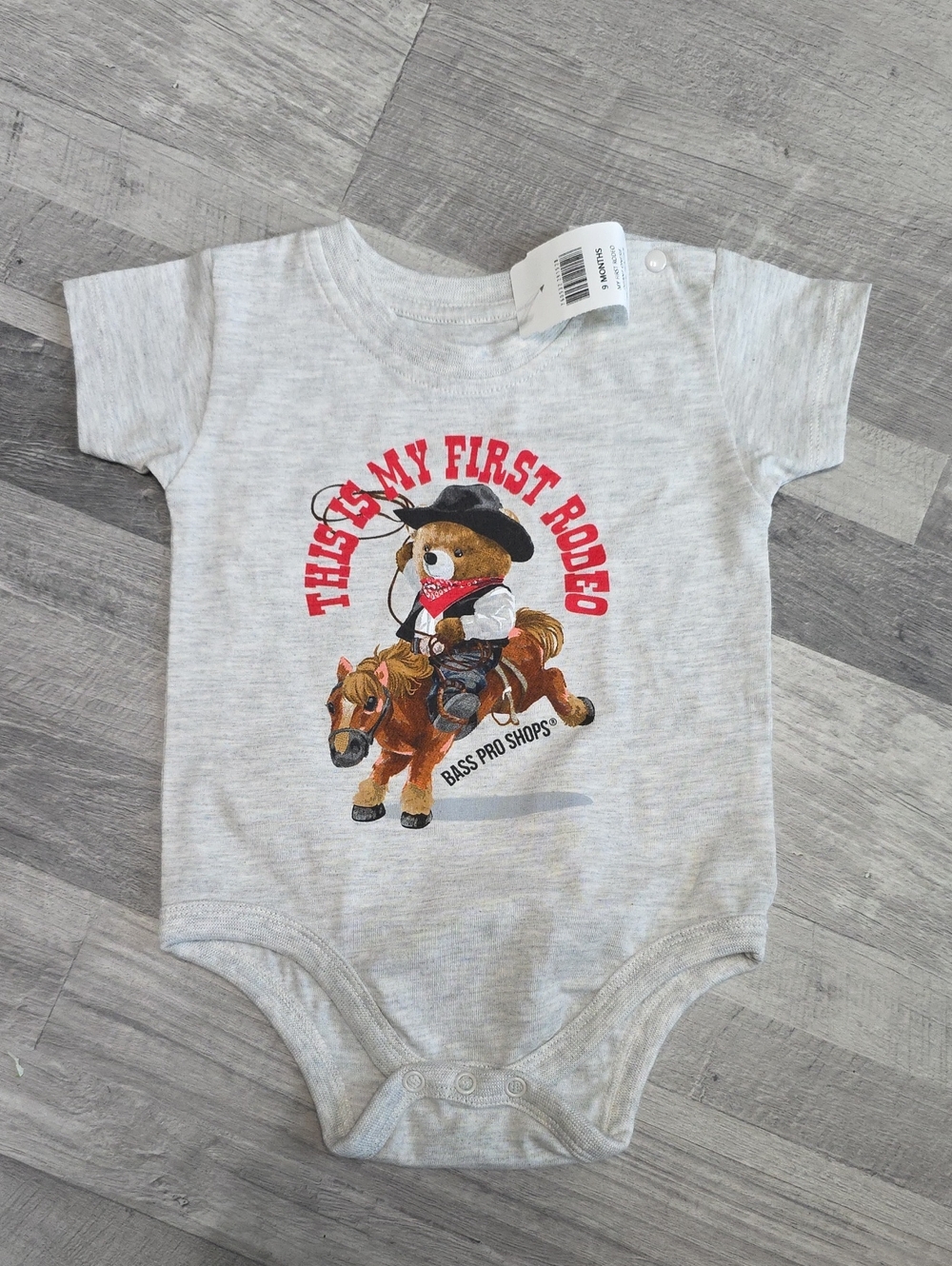 NWT, Bass Pro Shops • Light Grey 'My First Rodeo' Baby Onesie, 9 Months